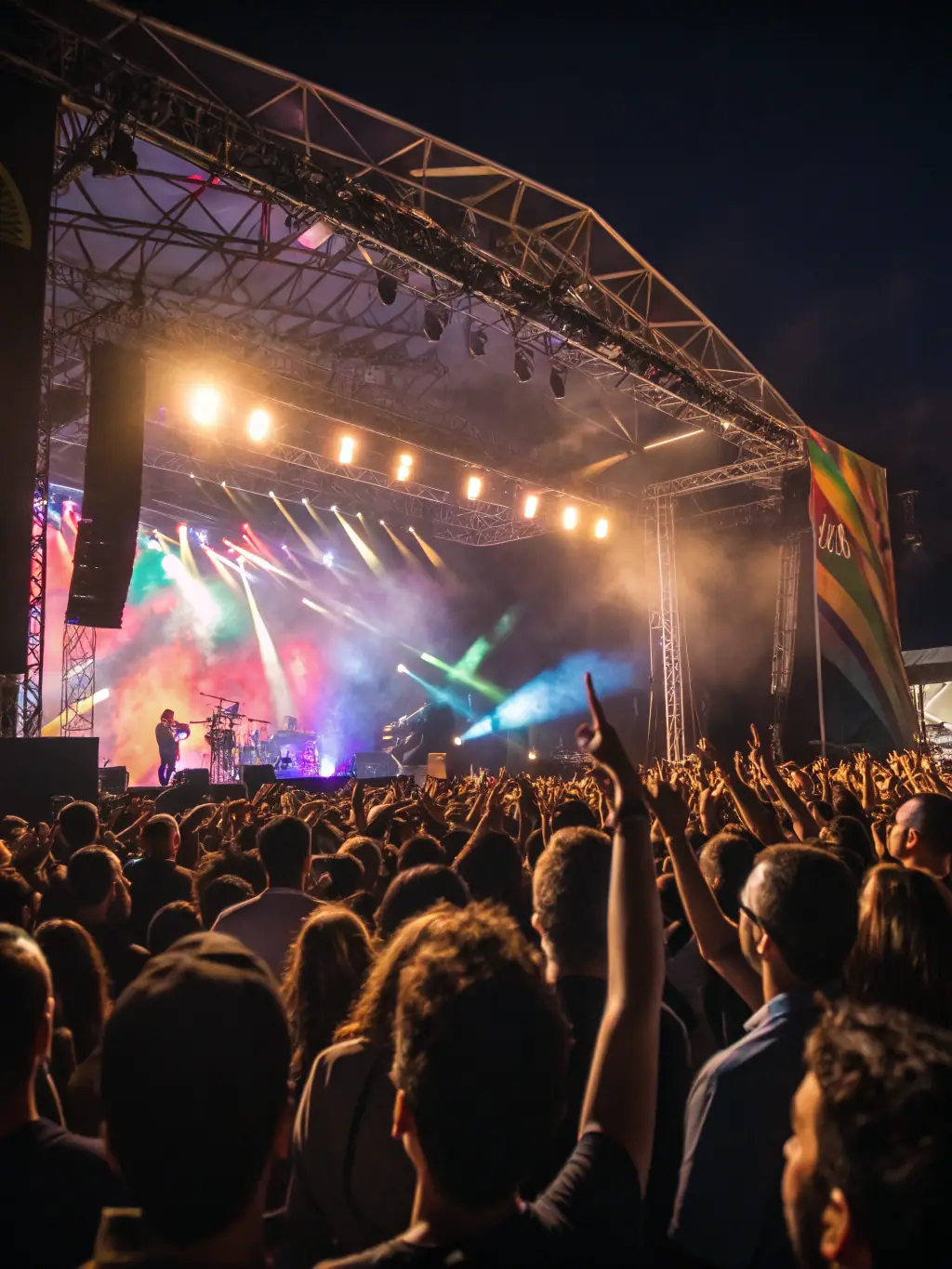 A dynamic image of a live outdoor concert in a countryside setting, featuring a diverse audience enjoying the performance under a starry night.