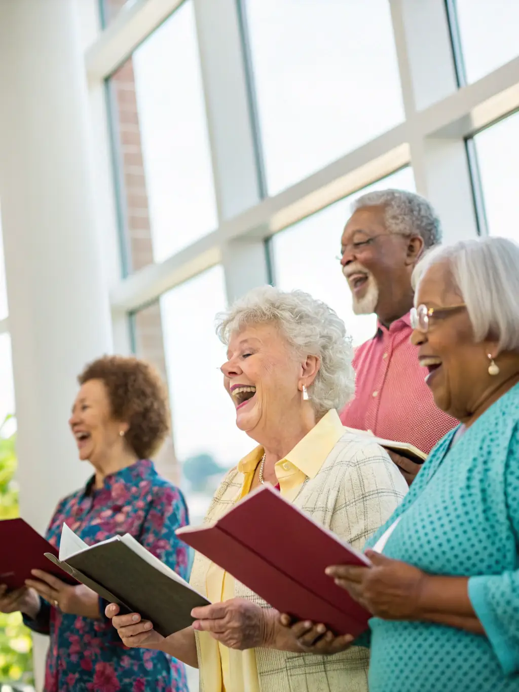 A heartwarming photo of elderly residents participating in a therapeutic music session, showing them singing and playing simple instruments.