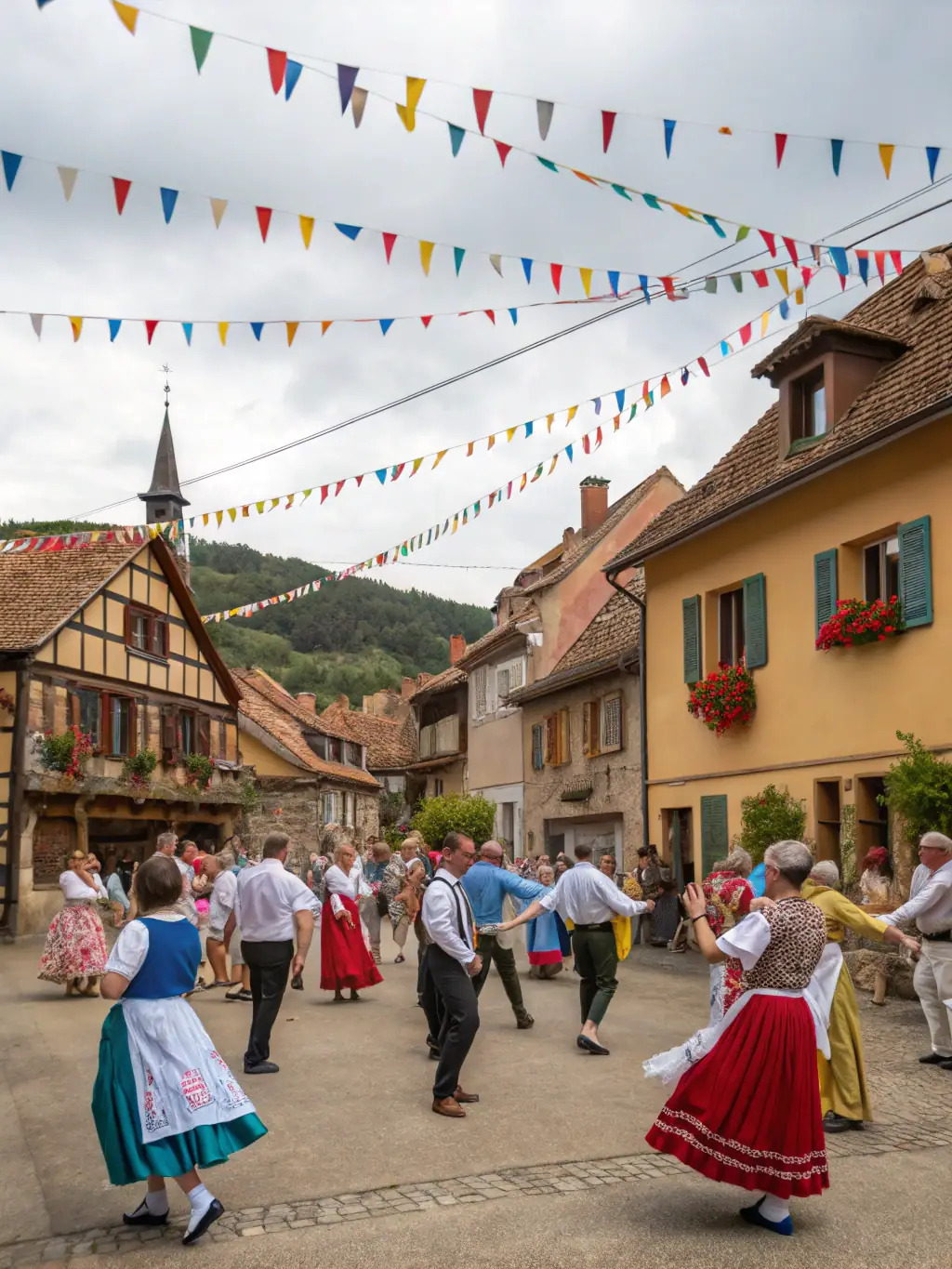 A vibrant photo capturing a live music performance in a rural French village, showcasing musicians on stage and an engaged audience enjoying the event, reflecting the community spirit of CAMPAGNE & MUSIQUES.