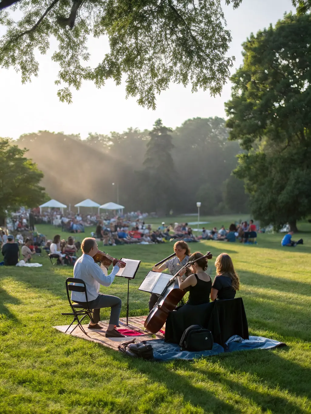 A photograph of a string quartet performing in a rustic barn, with attendees of all ages enjoying the music.