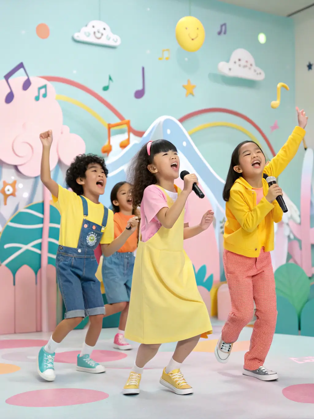 A picture of a children's choir singing at a community event, with proud parents and villagers watching.