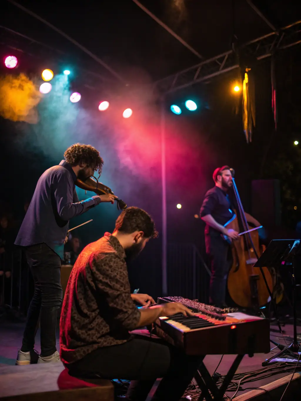 A diverse group of musicians performing on a makeshift stage in a rural village square during a community music event.