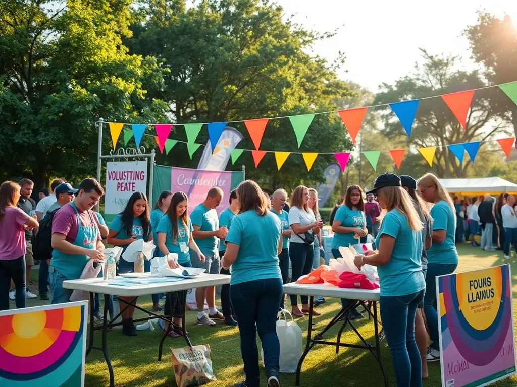 A scene of volunteers setting up for a concert in a rural setting, demonstrating community involvement and support.