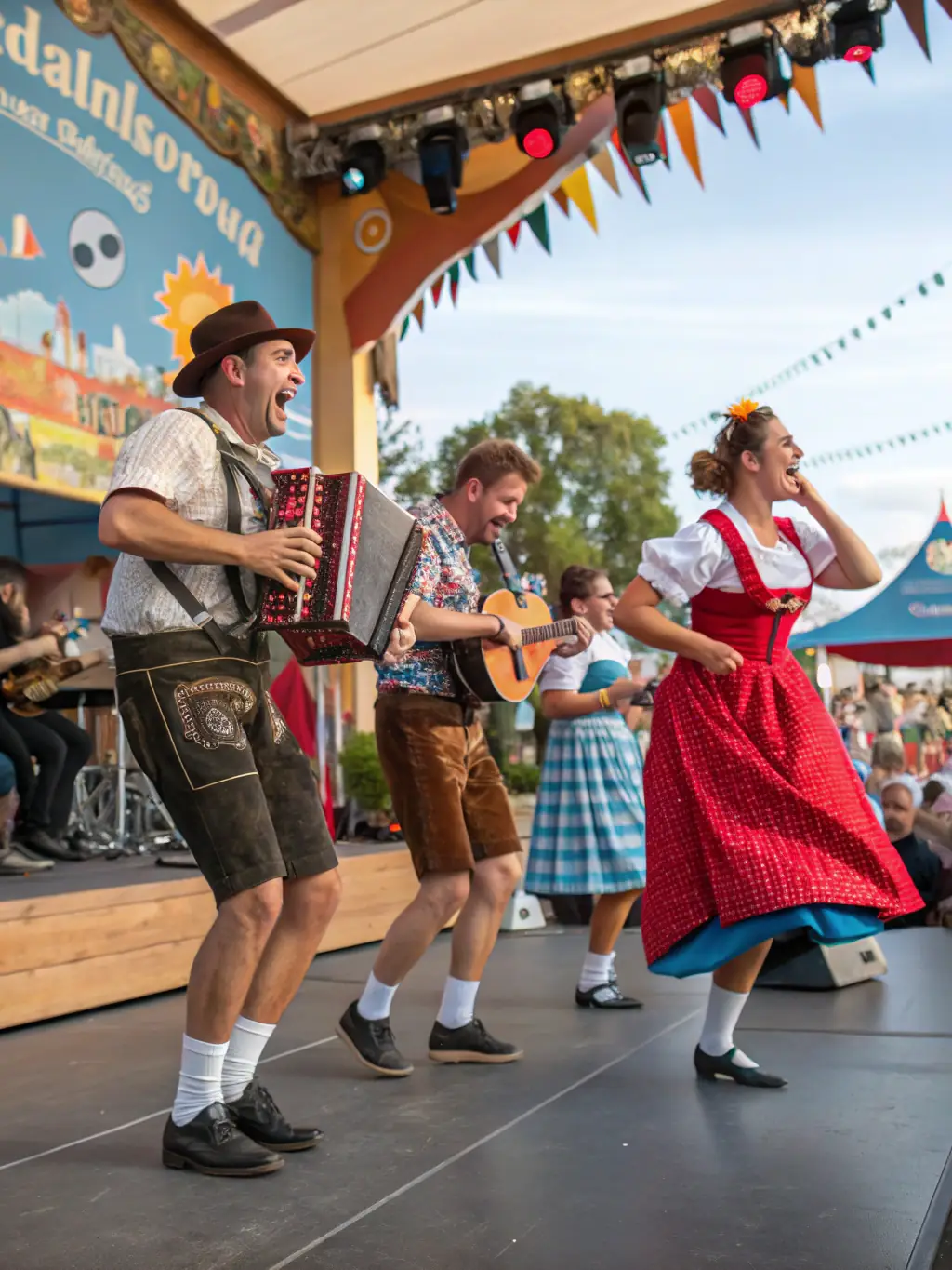 A lively image of a folk music band playing at an outdoor festival, with families dancing and enjoying the atmosphere.
