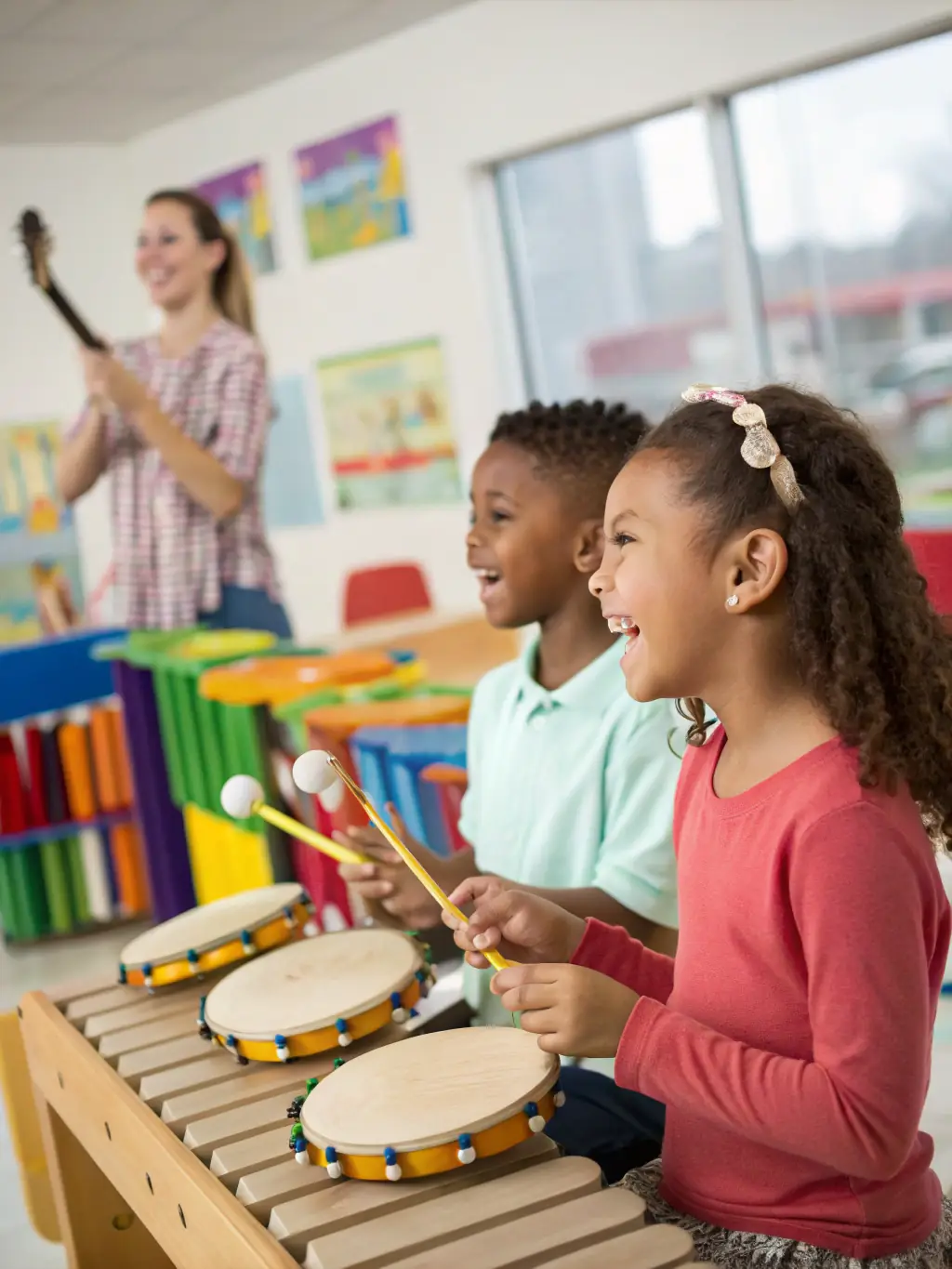 A photo of children participating in a music workshop, learning to play instruments and engaging in creative musical activities, highlighting the educational aspect of CAMPAGNE & MUSIQUES.