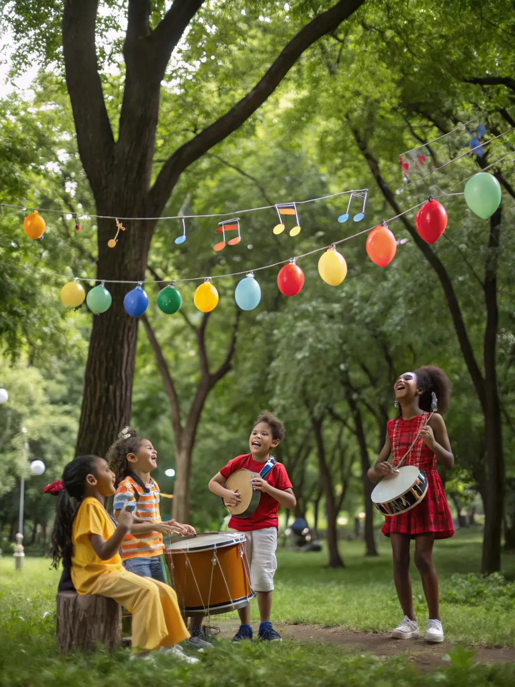 A vibrant photograph capturing a children's music workshop in a rural French village, showcasing kids playing various instruments with smiles, led by a musician.