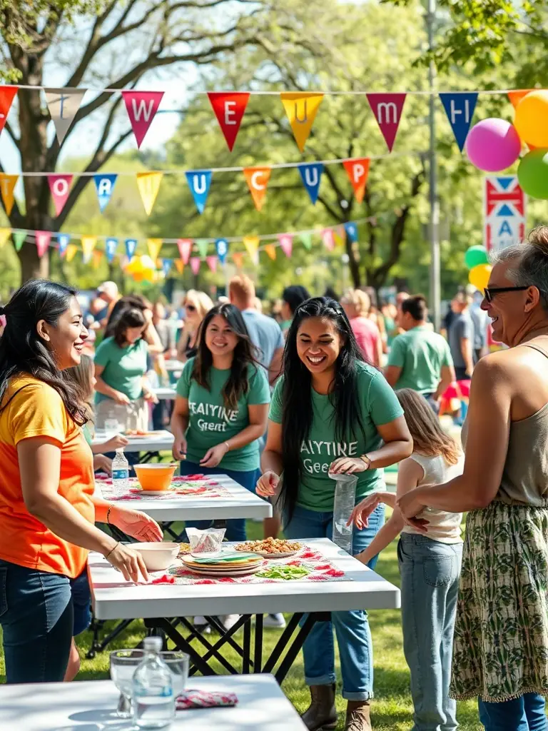 Volunteers setting up equipment and decorations for a music festival in a picturesque rural setting.