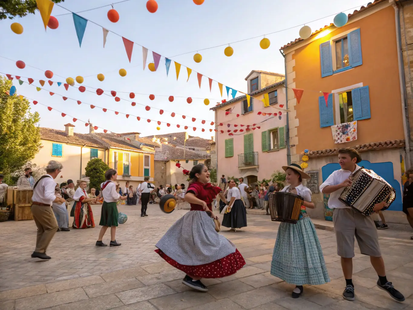 A vibrant outdoor music festival scene in a rural French village, showcasing local musicians and attracting a diverse audience.